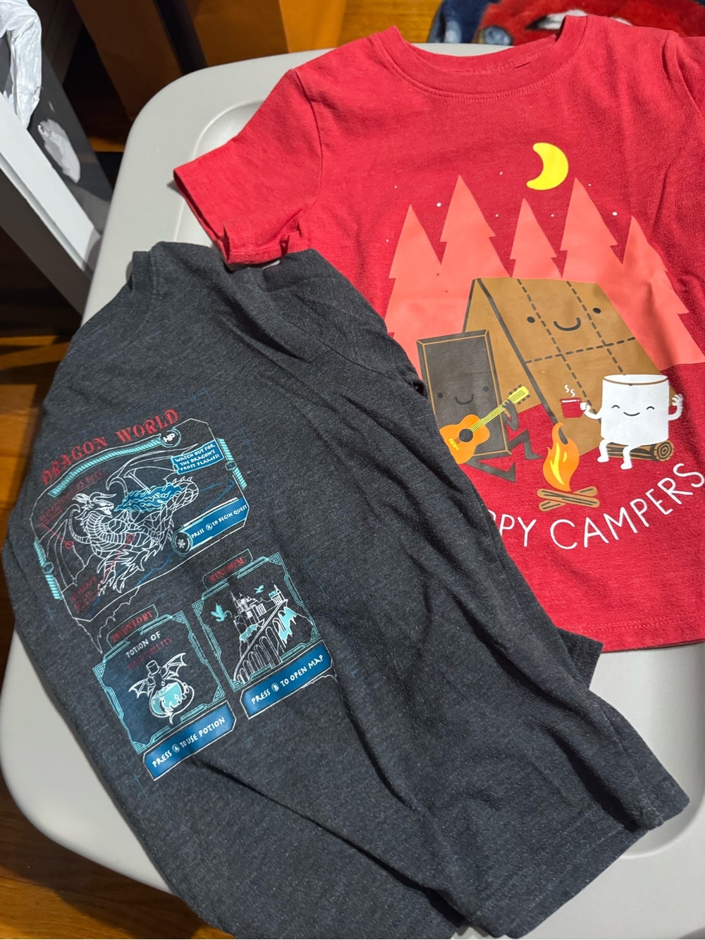 Cat & Jack Red 'Happy Campers' Graphic Tee & grey dragon world tee 5 & 6